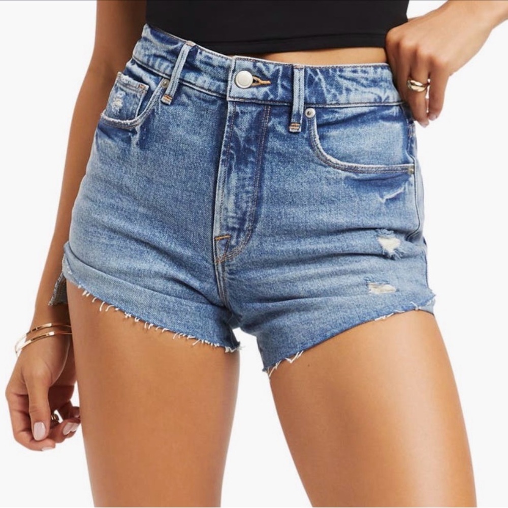 Good American Good Curve High Waist Distressed Denim Cutoff Shorts -Size 12/31